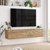 Meuble TV Oasis bois clair fixé au mur sous une télévision écran plat